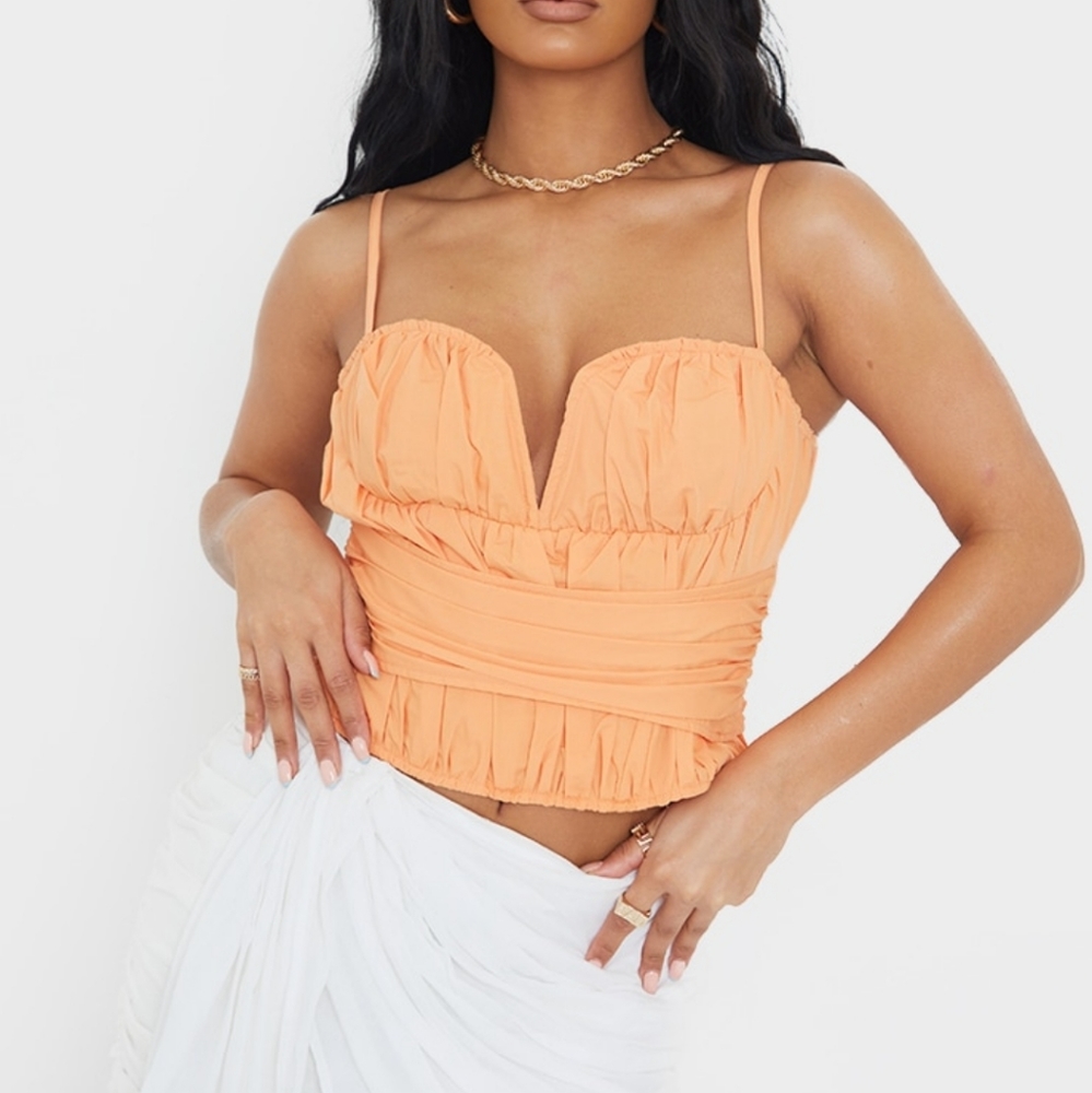 Pretty Little Thing Orange ruched woven pleated structured waist corset